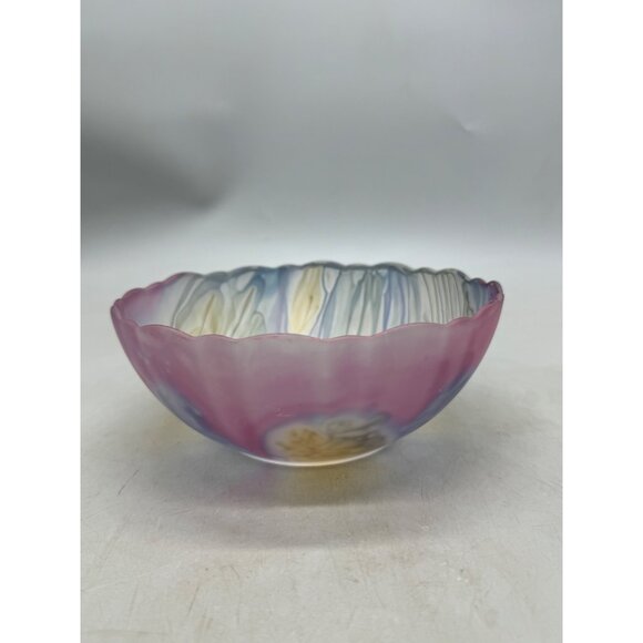 Rueven glass Hand-Painted Ruweven Art Glass Bowl scalloped pink 7x2.75" READ - Picture 1 of 7